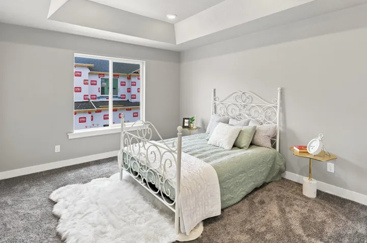 Recessed tray ceiling with integrated lighting, expansive window with white trim, gray wall paint, and plush carpeting