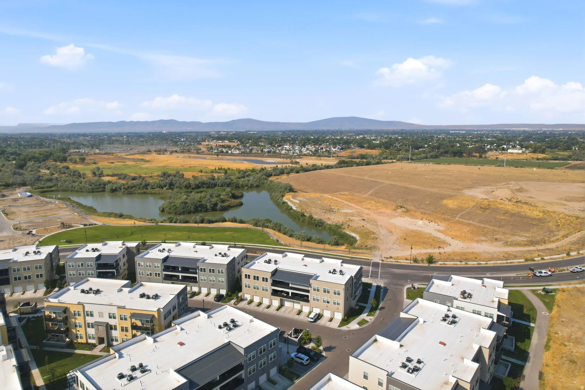 Modern multi-story buildings with flat roofs