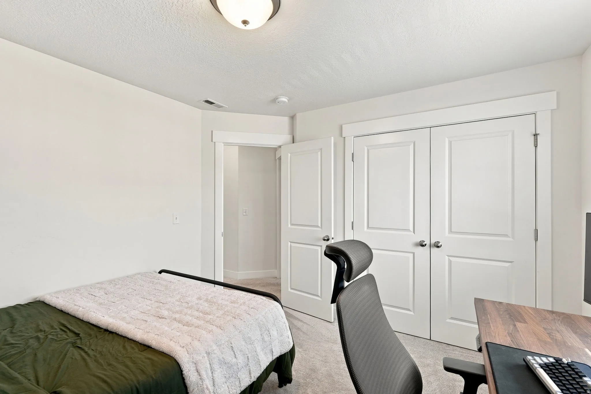 Neutral-toned wall paint, carpet flooring, and white trim