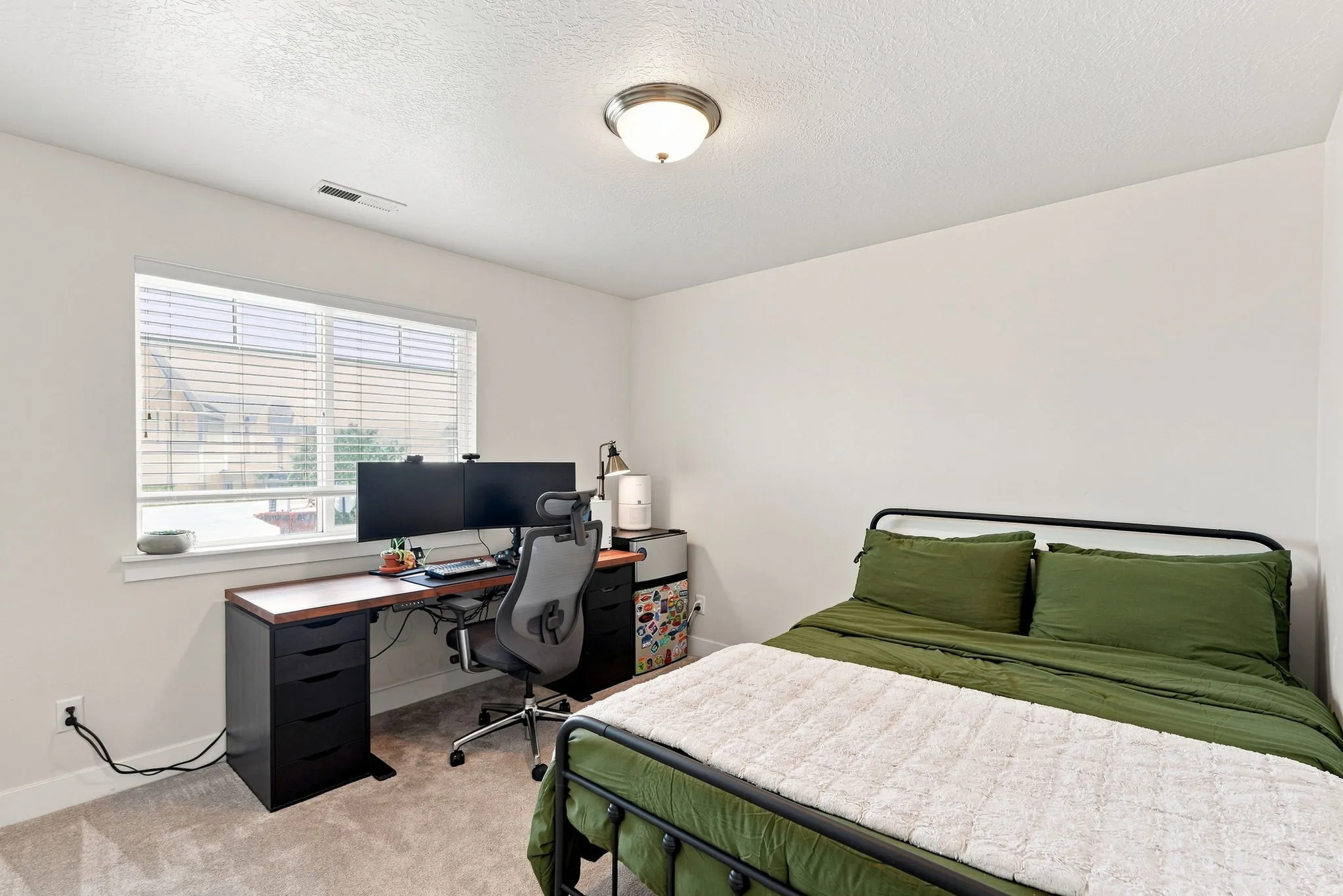 Carpeted room featuring a window with blinds, ceiling-mounted light fixture, and neutral wall tones