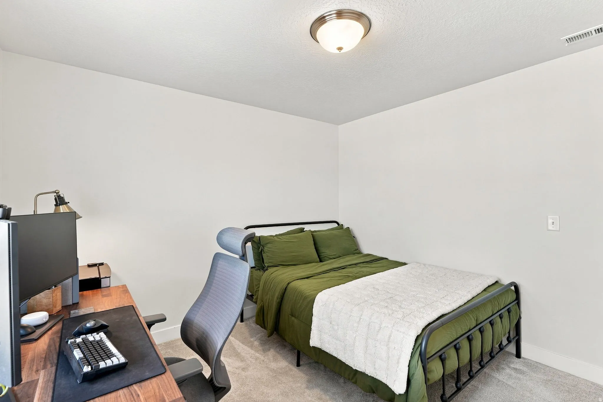 Neutral wall color, carpeted flooring, and a flush mount ceiling light fixture