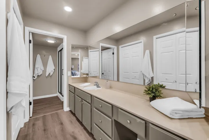 Wood-finish flooring, recessed lighting, double vanity with integrated sink, expansive countertop, and built-in medicine cabinet