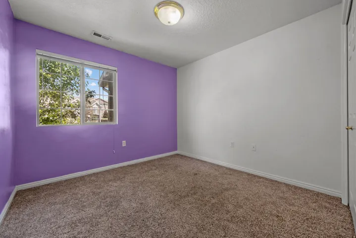 Window with white grilles, neutral carpet flooring, and a ceiling-mounted light fixture