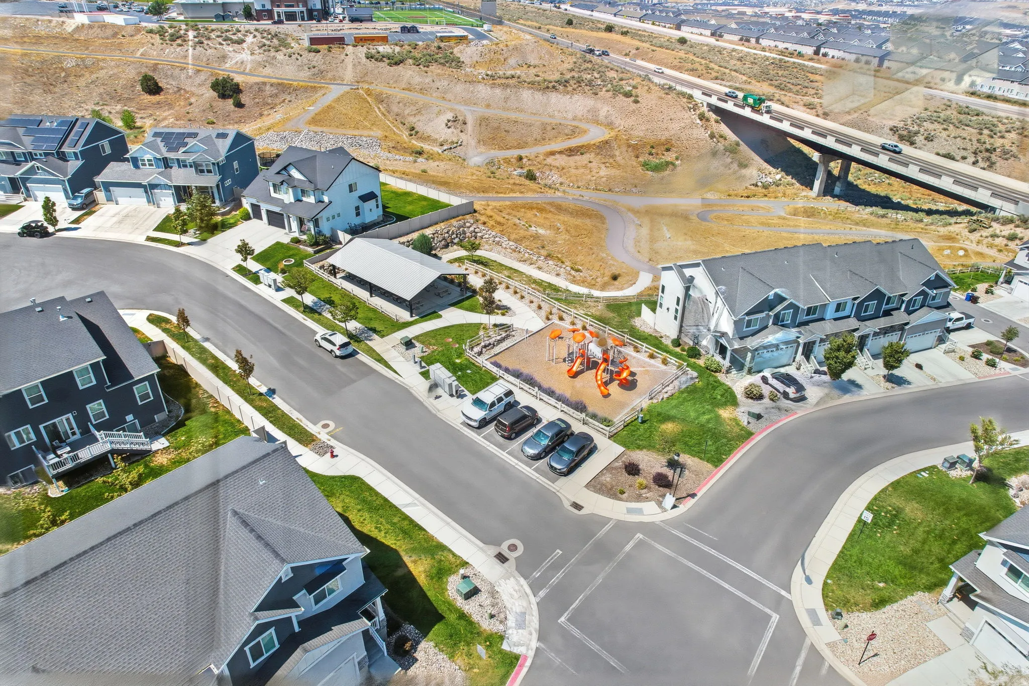 Aerial perspective showcasing a residential community with varied architectural styles