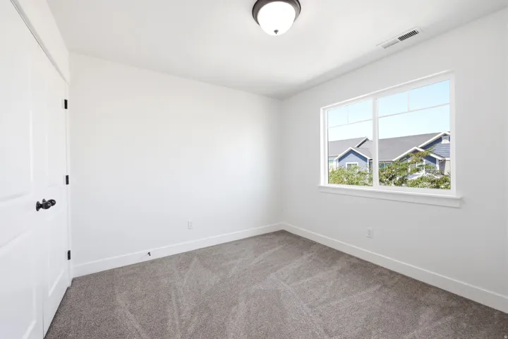 Bright room with a large window, plush gray carpeting, white walls, white trim, and a ceiling-mounted light fixture