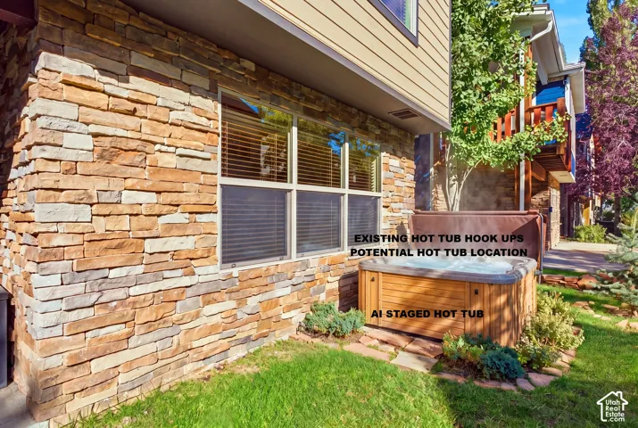 Stone veneer exterior with a ground-level window