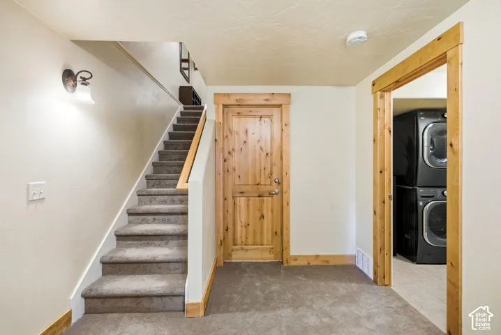 Carpeted staircase with light wood handrail, light wood door frames, and a light wood paneled door