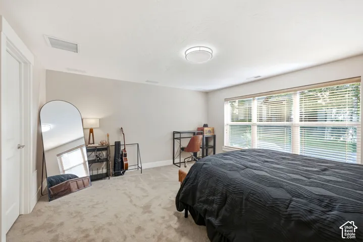 Neutral wall color, carpeted flooring, large window with horizontal blinds, built-in ceiling light fixture