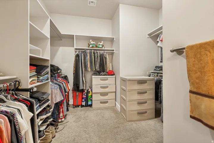 Walk-in closet featuring extensive built-in shelving, multiple hanging rods, and carpet flooring