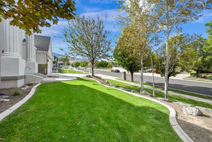 Manicured front lawn with concrete curbing, mature trees, and a concrete pathway