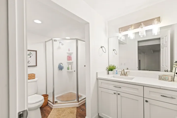 White vanity with a single basin, light-toned countertop, large mirror, and wood-finish flooring