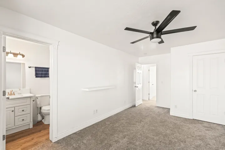 Spacious room featuring carpeting, a modern ceiling fan, and white doors