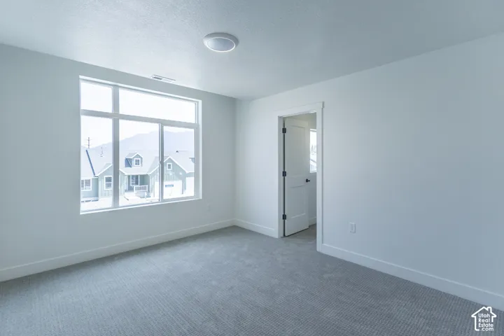 Wall-to-wall carpeting, white interior walls, white trim, flat panel interior door, and a flush mount ceiling light fixture