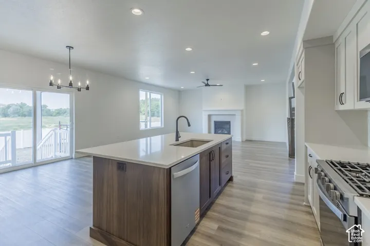 Kitchen island with a built-in sink and dishwasher, white countertops, wood-finish flooring, white cabinetry, and a stainless steel range