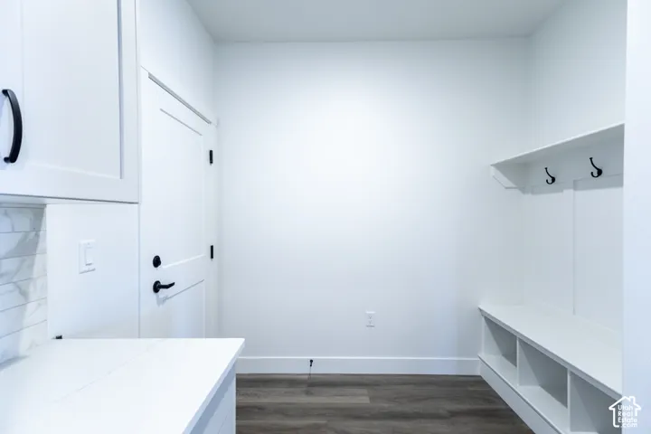 Built-in storage bench with cubbies, upper shelf with hooks, light wood-finish flooring, and white cabinetry with dark hardware