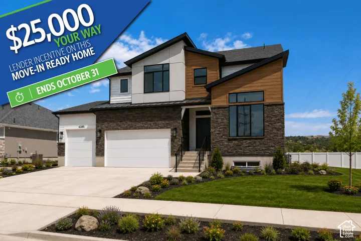 Modern exterior featuring a prominent stone facade, wood-finish siding, and large black-framed windows