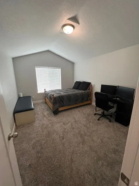 Spacious room featuring vaulted ceilings, textured walls, a single window with blinds, a flush-mount ceiling light fixture, and plush carpeting