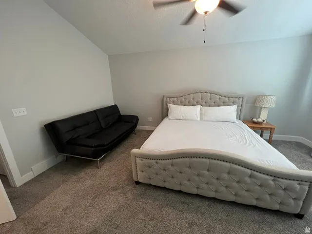 Carpeted room with a ceiling fan light fixture and a wall-mounted light switch
