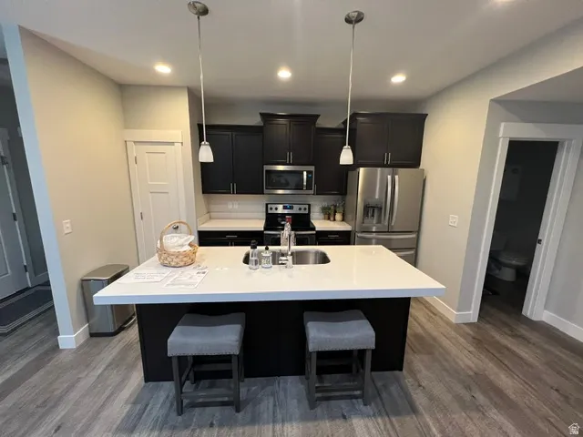 Kitchen featuring a central island with an undermount sink, pendant lighting, dark cabinetry, stainless steel appliances, and wood-finish flooring