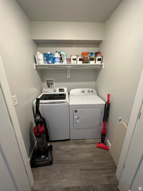 Dedicated laundry area featuring wood-finish flooring