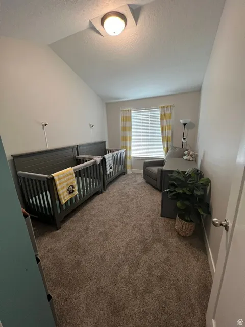 Carpeted room featuring a vaulted ceiling and a window with blinds