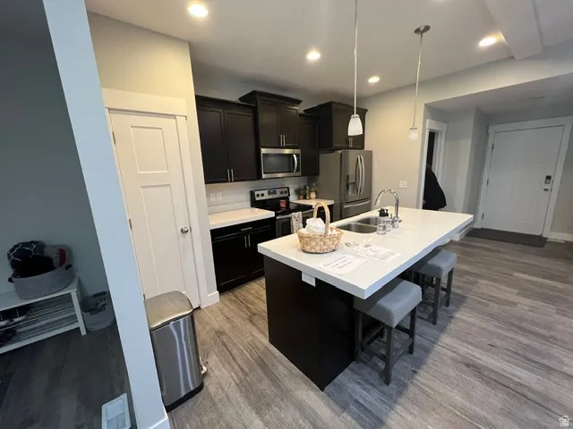 Kitchen with dark wood cabinetry, white countertops, a stainless steel appliance suite, and an island with a built-in sink and pendant lighting