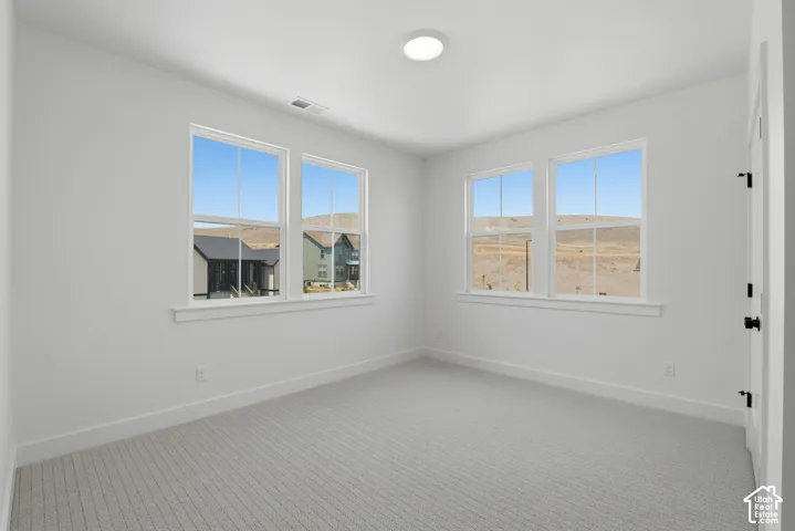 White walls, light-toned carpet flooring, and multiple windows with white trim