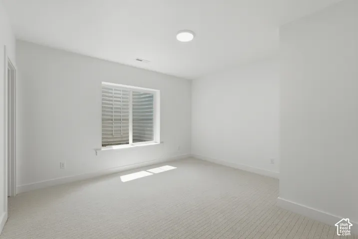 Neutral wall paint, patterned carpet flooring, ceiling-mounted light fixture, and a window
