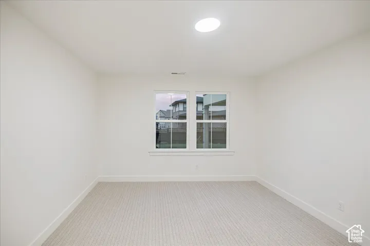 Neutral-toned interior space featuring light-colored wall-to-wall carpeting, white walls, double-pane windows, and a ceiling-mounted skylight