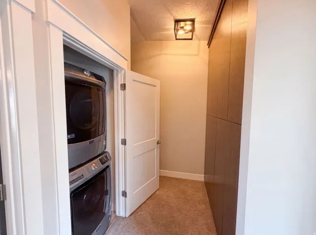 Stacked laundry appliances, built-in wood-finish cabinetry, recessed lighting, and a paneled door