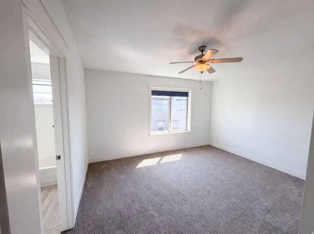 Spacious room featuring neutral carpeting, a ceiling fan with integrated lighting, and a single window with blinds