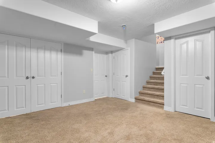 Carpeted flooring, multiple panel doors with polished hardware, and painted walls