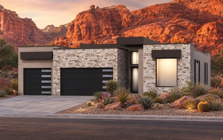 Modern exterior with stone veneer accents, flat roofline, and a concrete driveway