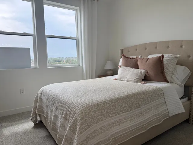 Dual tall windows, recessed lighting, neutral wall finishes, plush carpet flooring, and a fabric upholstered headboard