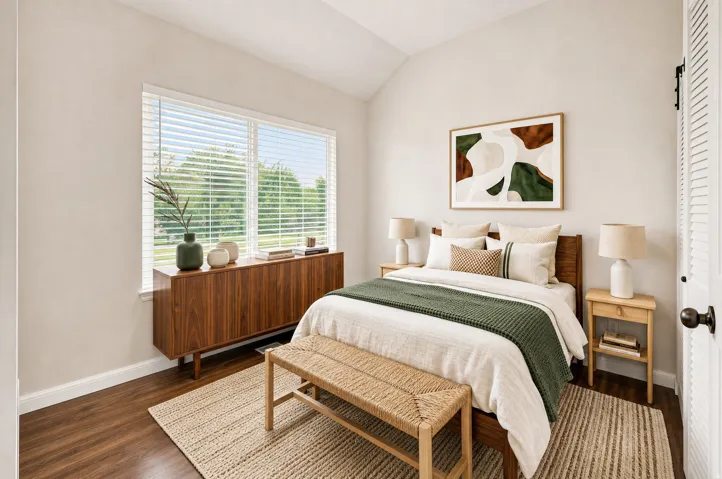 Vaulted ceiling, wood-finish flooring, and a window with blinds