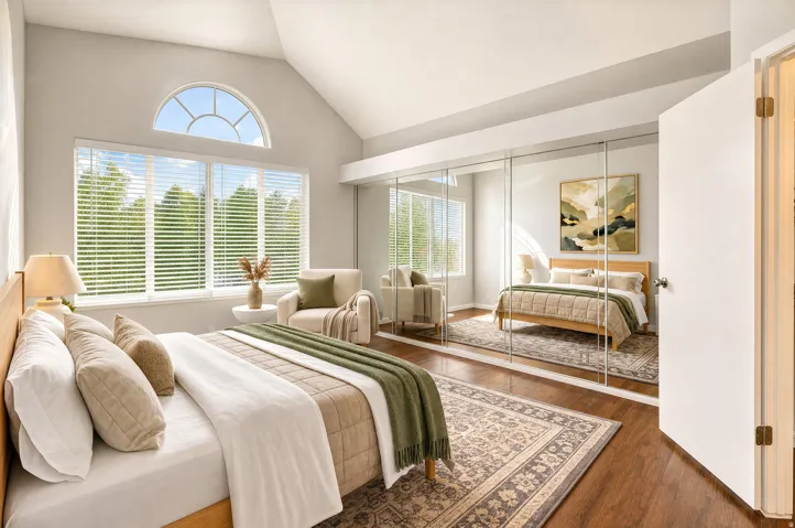 Vaulted ceiling with arched window accent, large windows with horizontal blinds, wood-finish flooring, and mirrored closet doors