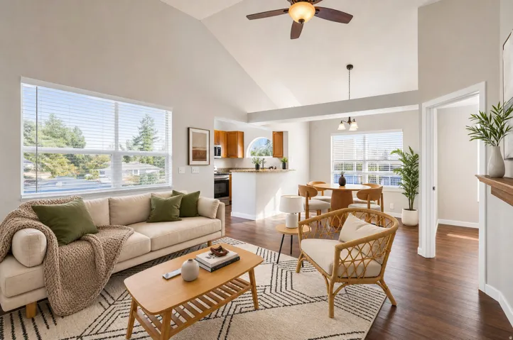 Vaulted ceilings enhance the living area, featuring wood-finish flooring and large windows with horizontal blinds