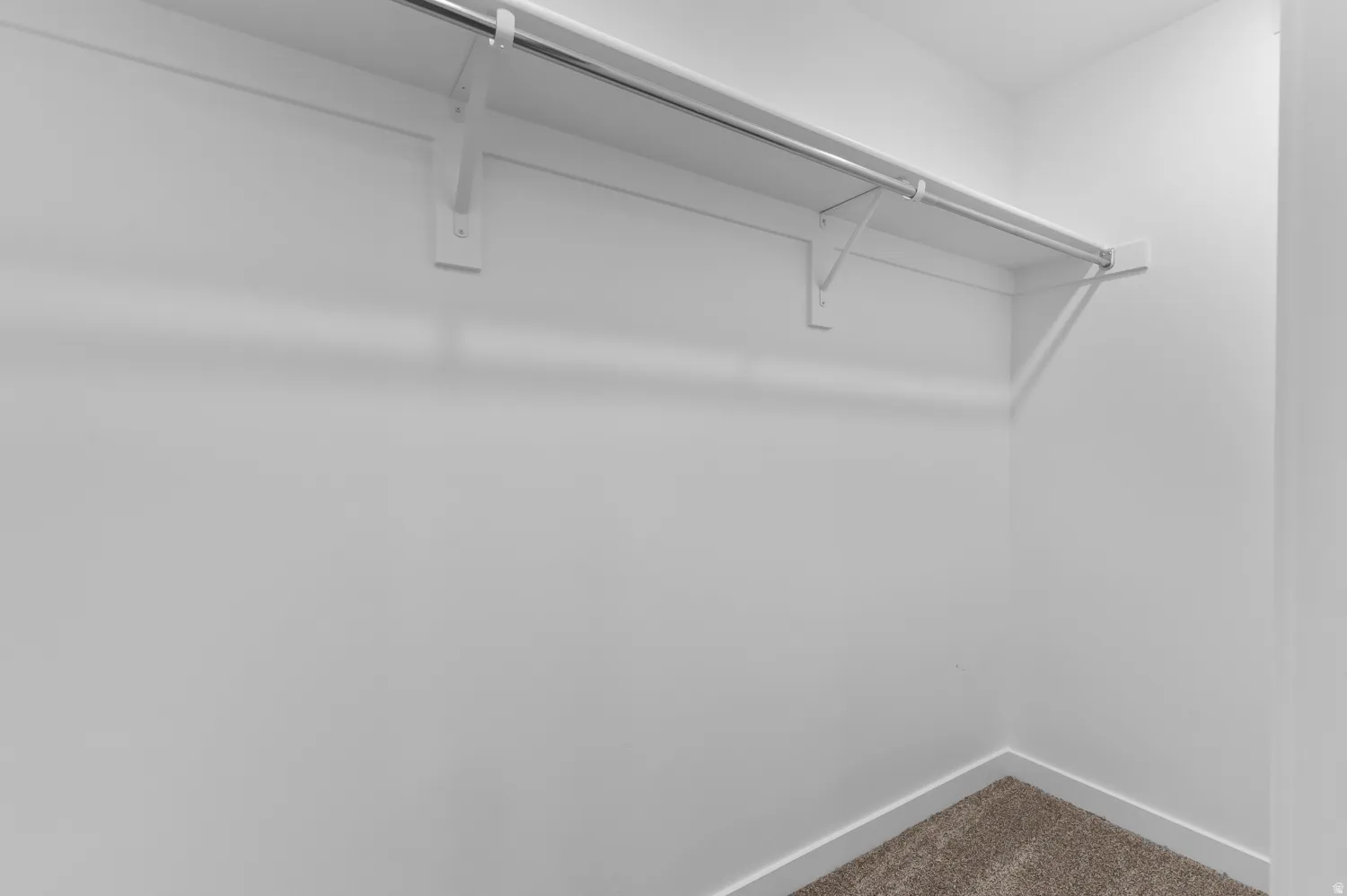White-painted walls with carpet flooring, featuring a built-in shelf and clothing rod