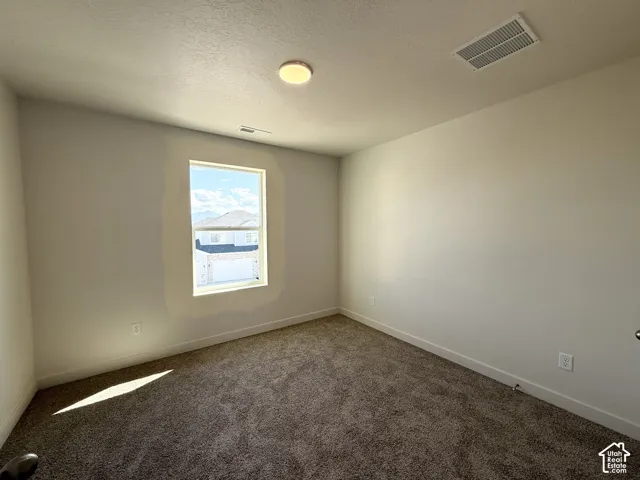 Neutral wall finishes with a single window, overhead lighting, and carpet flooring