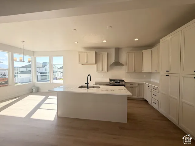 Kitchen featuring an expansive center island, extensive cabinetry with dark hardware, stainless steel range with a ventilation hood, wood-finish flooring, and recessed lighting