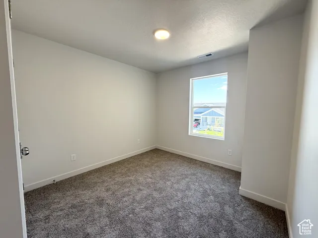 Neutral wall finishes with a window, wall-to-wall carpeting, and a flush-mount ceiling light