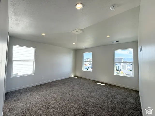 Recessed lighting, neutral-toned walls, and plush carpeting