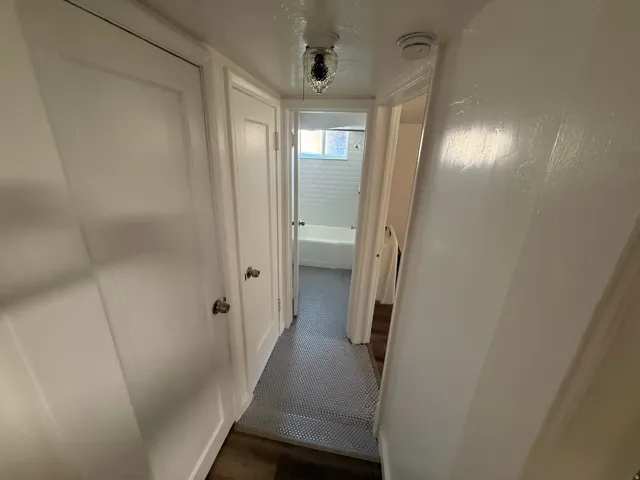 Hallway featuring white paneled doors, a flush-mount ceiling light fixture, and a white smoke detector