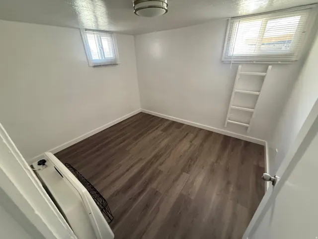 Wood-finish flooring, white walls, two windows with blinds, and flush mount lighting