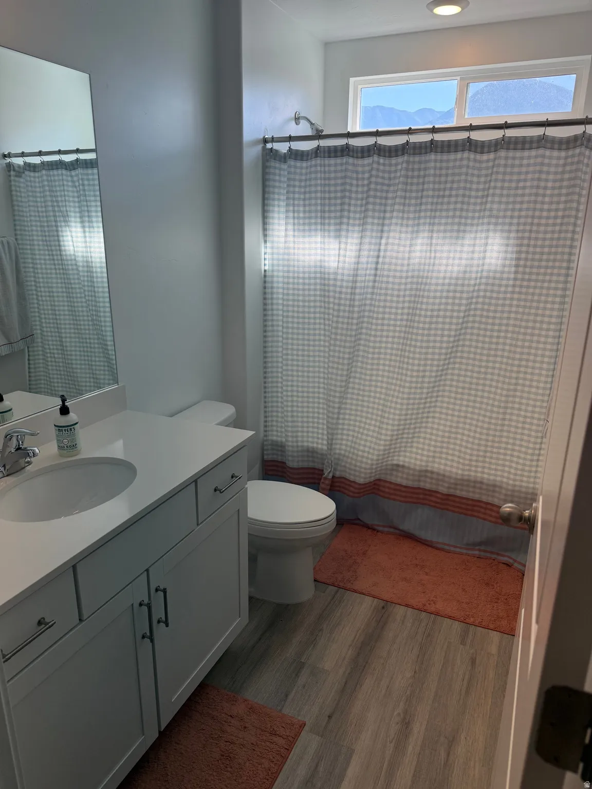 Bathroom featuring a vanity with an integrated sink, wood-finish flooring, a toilet, and an overhead window