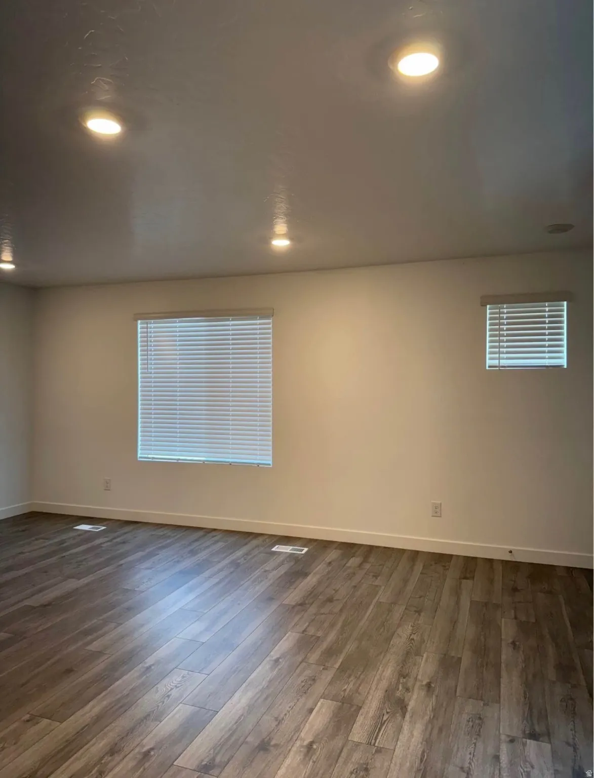 Recessed ceiling lighting, wood-finish flooring, and multiple windows with blinds