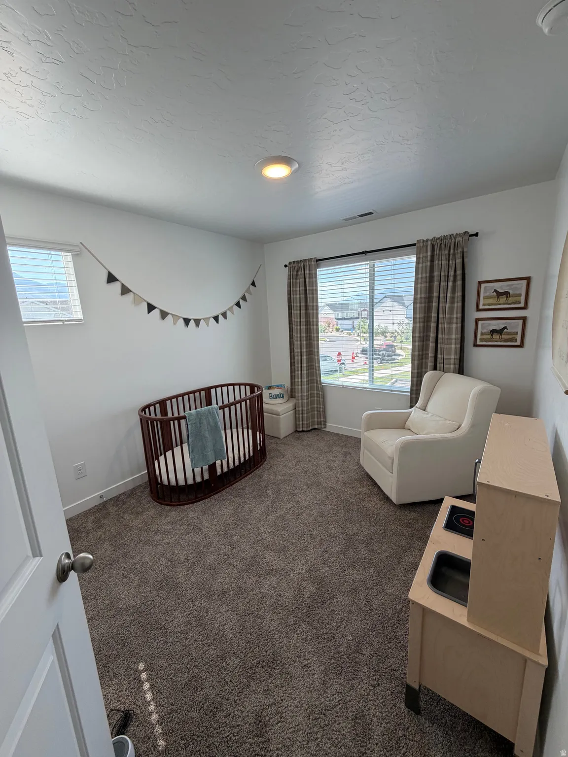 Plush carpet flooring, recessed ceiling lighting, and window blinds