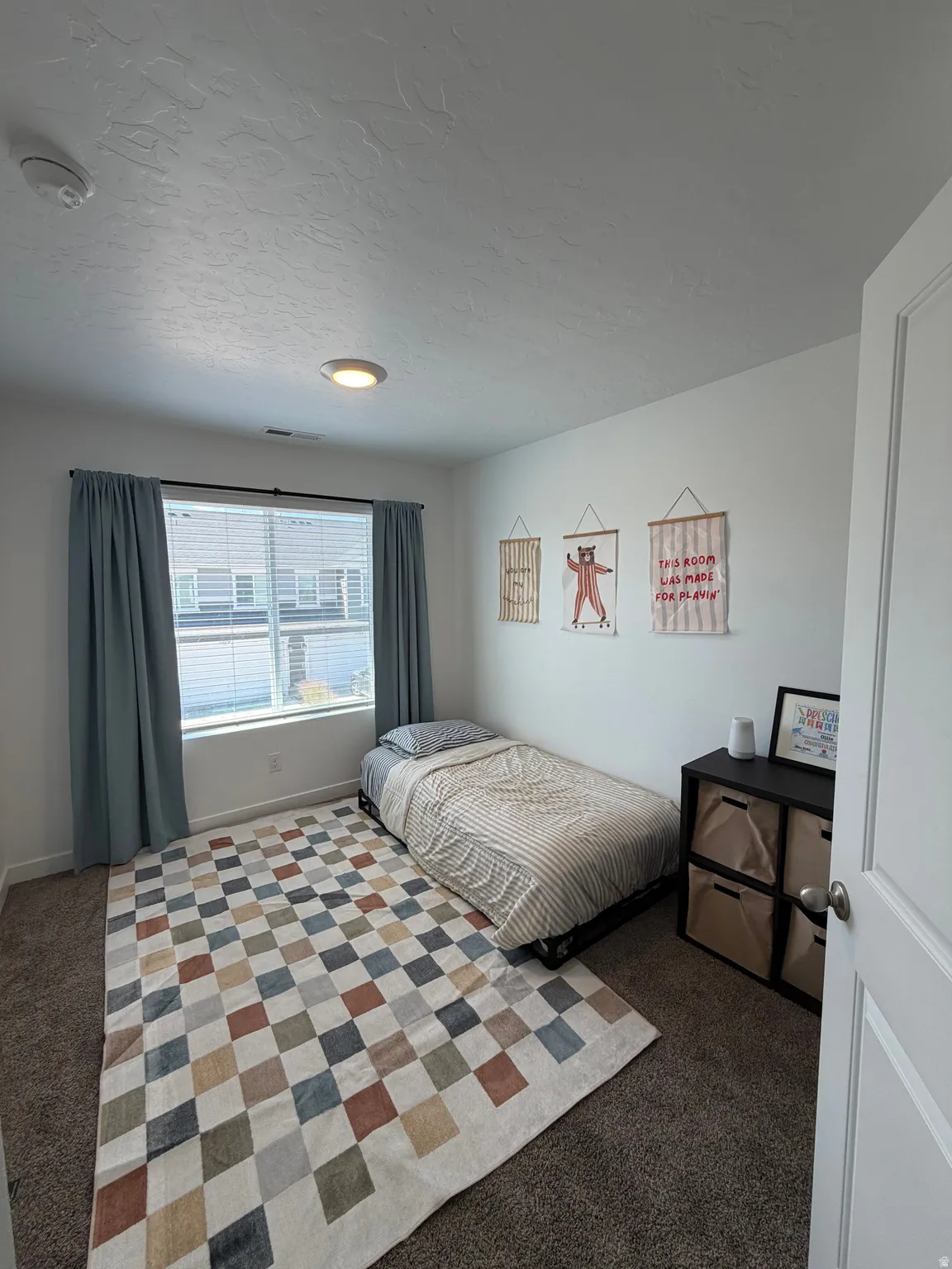 Bright room with carpeted flooring, a flush-mount ceiling light, and a window with blinds