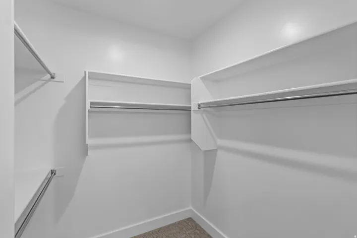 Built-in shelving, chrome hanging rods, and neutral carpet flooring