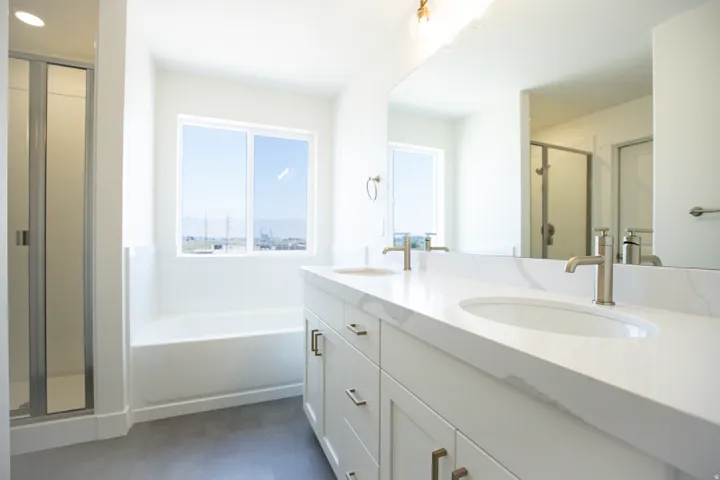 Primary bathroom featuring dual vanity and separate tub and shower
